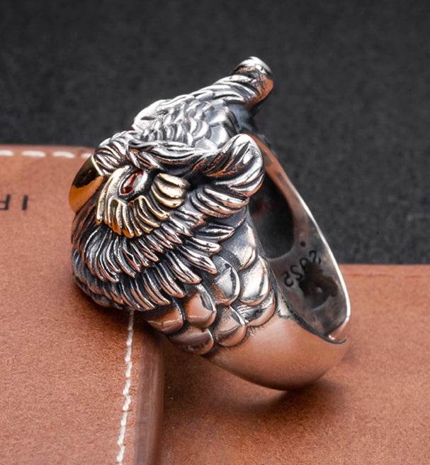 Retro Owl Ring Trendy Men Hip-Hop Personalized Open Ring 925 Sterling Silver Hand-Engraved Index Finger Ring - MOWTE