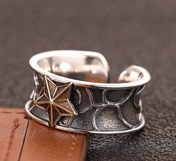 Hip-hop five-pointed star ring men's S925 sterling silver open ring trendy index finger ring - MOWTE