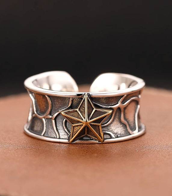 Hip-hop five-pointed star ring men's S925 sterling silver open ring trendy index finger ring - MOWTE