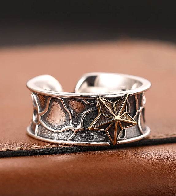 Hip-hop five-pointed star ring men's S925 sterling silver open ring trendy index finger ring - MOWTE