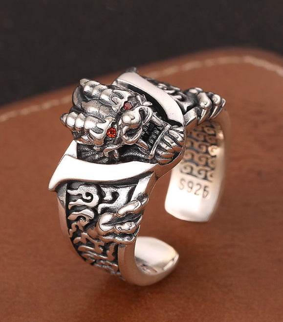 S925 sterling silver domineering faucet ring men's retro flame pattern index finger ring opening adjustable - MOWTE