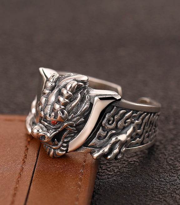 S925 sterling silver domineering faucet ring men's retro flame pattern index finger ring opening adjustable - MOWTE