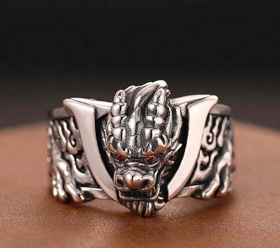 S925 sterling silver domineering faucet ring men's retro flame pattern index finger ring opening adjustable - MOWTE