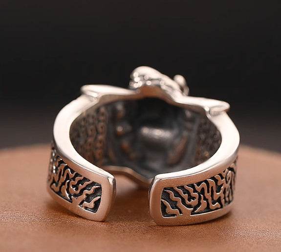S925 sterling silver domineering faucet ring men's retro flame pattern index finger ring opening adjustable - MOWTE
