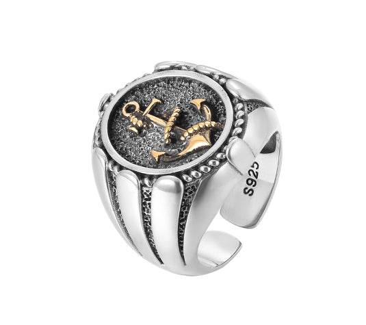 Heavy industry S925 sterling silver anchor ring men's personality domineering index finger ring Thai silver open ring large size - MOWTE