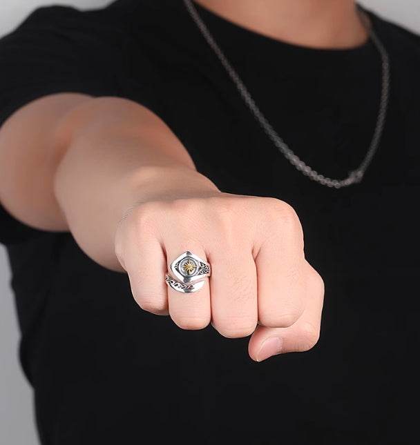 S925 sterling silver vine starburst ring men's trendy punk hip-hop open ring high-end index finger ring - MOWTE