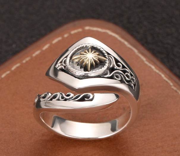 S925 sterling silver vine starburst ring men's trendy punk hip-hop open ring high-end index finger ring - MOWTE