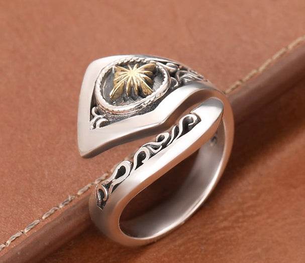 S925 sterling silver vine starburst ring men's trendy punk hip-hop open ring high-end index finger ring - MOWTE