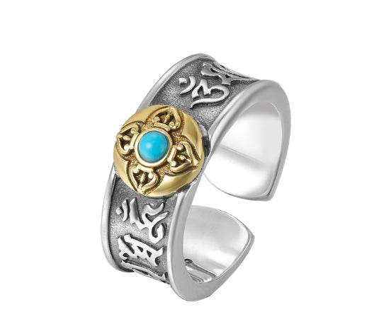 Retro personalized vajra ring for men S925 sterling silver inlaid with turquoise six-character mantra open index finger ring - MOWTE