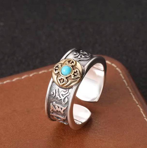 Retro personalized vajra ring for men S925 sterling silver inlaid with turquoise six-character mantra open index finger ring - MOWTE