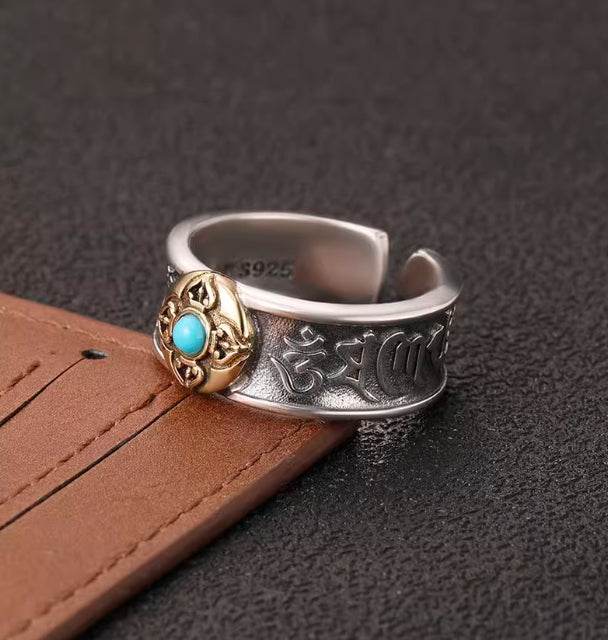 Retro personalized vajra ring for men S925 sterling silver inlaid with turquoise six-character mantra open index finger ring - MOWTE