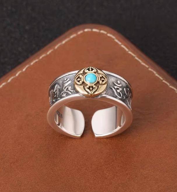 Retro personalized vajra ring for men S925 sterling silver inlaid with turquoise six-character mantra open index finger ring - MOWTE