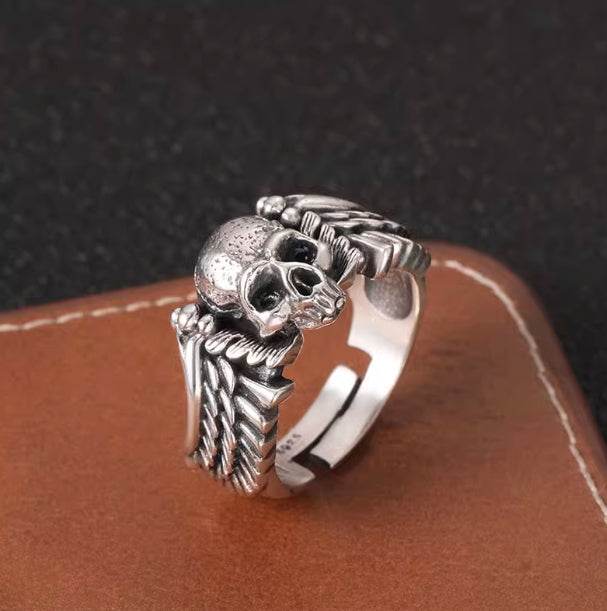 S925 sterling silver skull wing ring men's trendy cool personality gothic hip-hop street punk style open ring - MOWTE