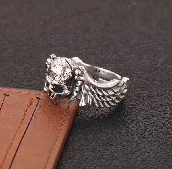 S925 sterling silver skull wing ring men's trendy cool personality gothic hip-hop street punk style open ring - MOWTE