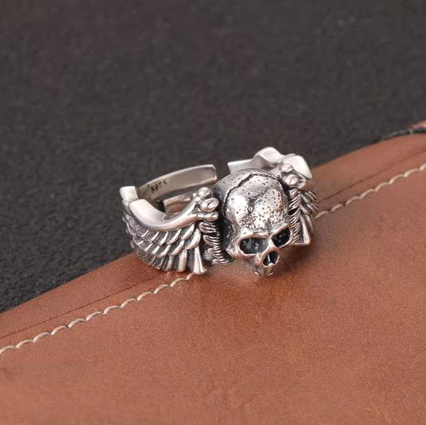 S925 sterling silver skull wing ring men's trendy cool personality gothic hip-hop street punk style open ring - MOWTE