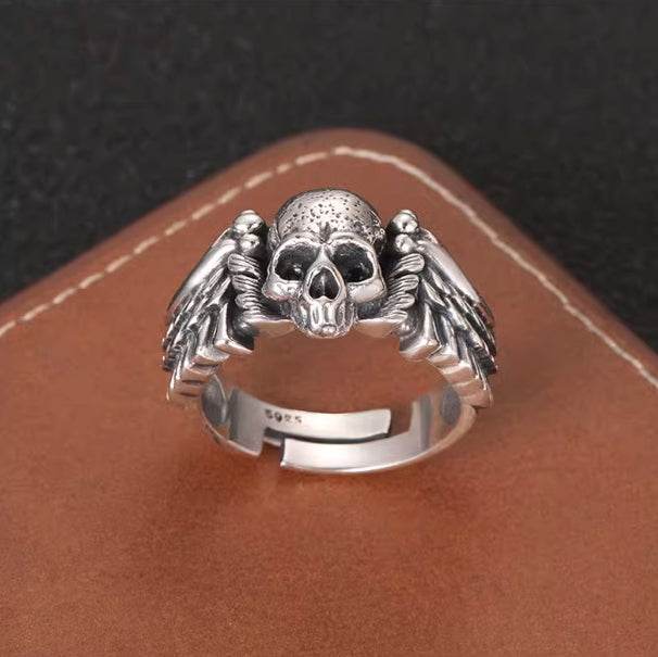 S925 sterling silver skull wing ring men's trendy cool personality gothic hip-hop street punk style open ring - MOWTE