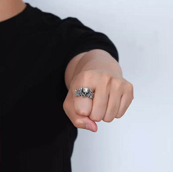 S925 sterling silver skull wing ring men's trendy cool personality gothic hip-hop street punk style open ring - MOWTE