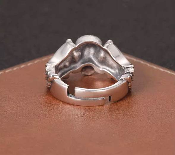 S925 sterling silver skull wing ring men's trendy cool personality gothic hip-hop street punk style open ring - MOWTE