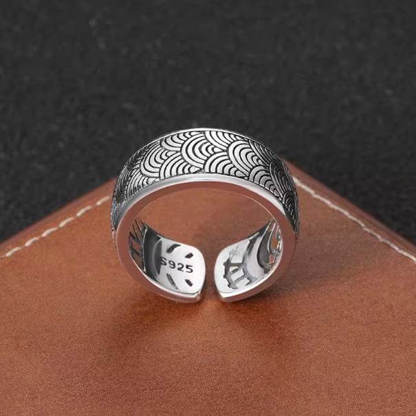 S925 sterling silver wave pattern ring men's trendy punk hip-hop wave index finger ring personalized open ring - MOWTE