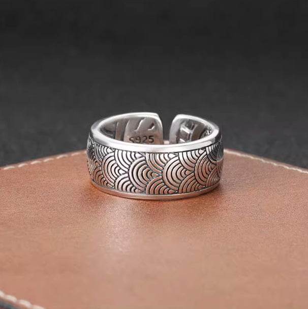 S925 sterling silver wave pattern ring men's trendy punk hip-hop wave index finger ring personalized open ring - MOWTE