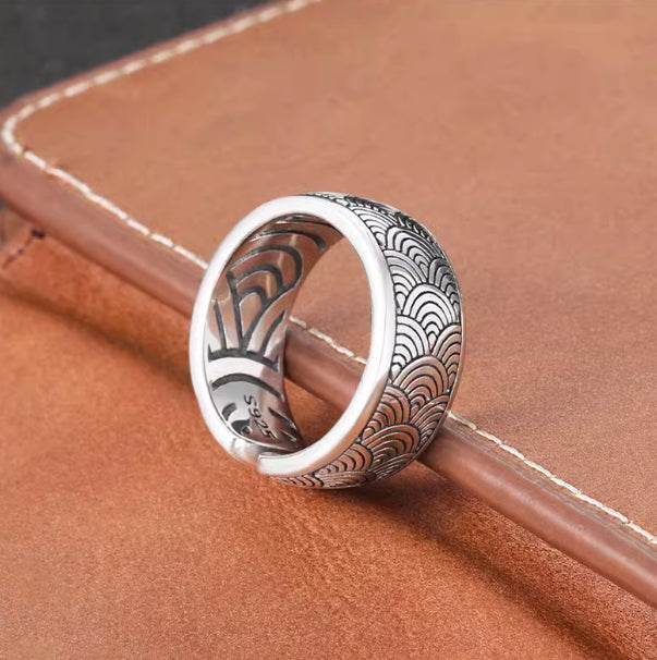 S925 sterling silver wave pattern ring men's trendy punk hip-hop wave index finger ring personalized open ring - MOWTE