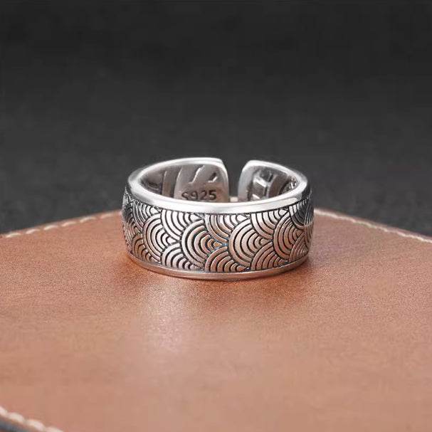 S925 sterling silver wave pattern ring men's trendy punk hip-hop wave index finger ring personalized open ring - MOWTE