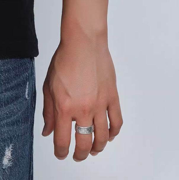 S925 sterling silver wave pattern ring men's trendy punk hip-hop wave index finger ring personalized open ring - MOWTE