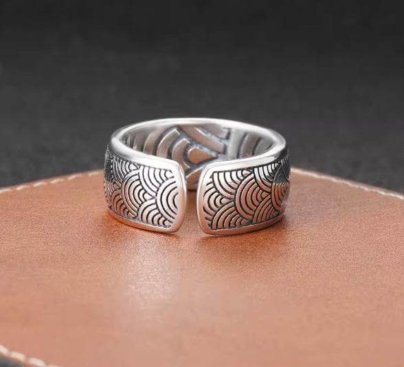 S925 sterling silver wave pattern ring men's trendy punk hip-hop wave index finger ring personalized open ring - MOWTE
