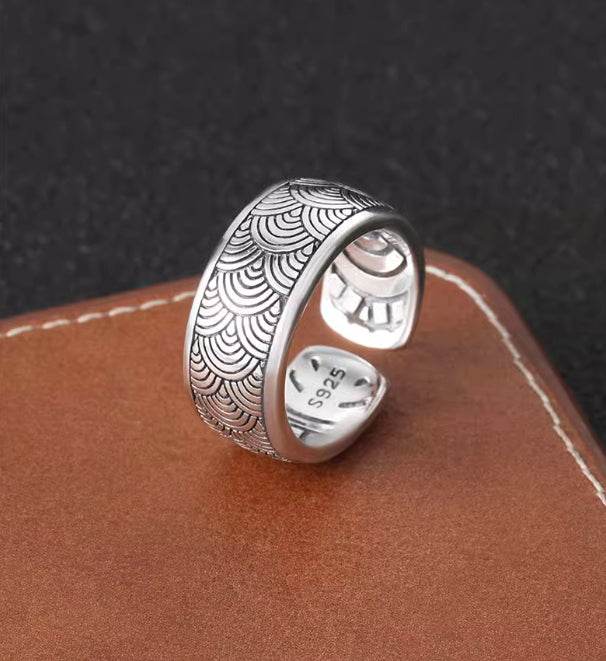 S925 sterling silver wave pattern ring men's trendy punk hip-hop wave index finger ring personalized open ring - MOWTE