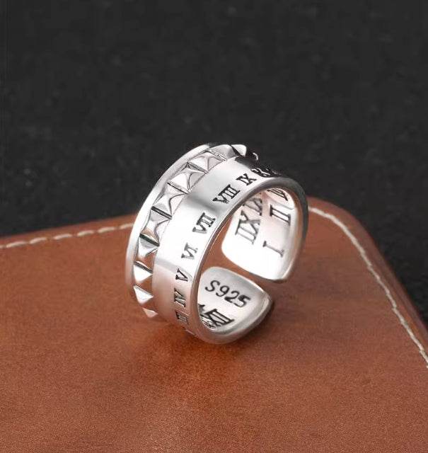 Roman numeral scale ring for men S925 sterling silver hip-hop punk style personalized rivet opening ring - MOWTE