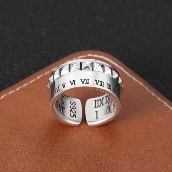 Roman numeral scale ring for men S925 sterling silver hip-hop punk style personalized rivet opening ring - MOWTE
