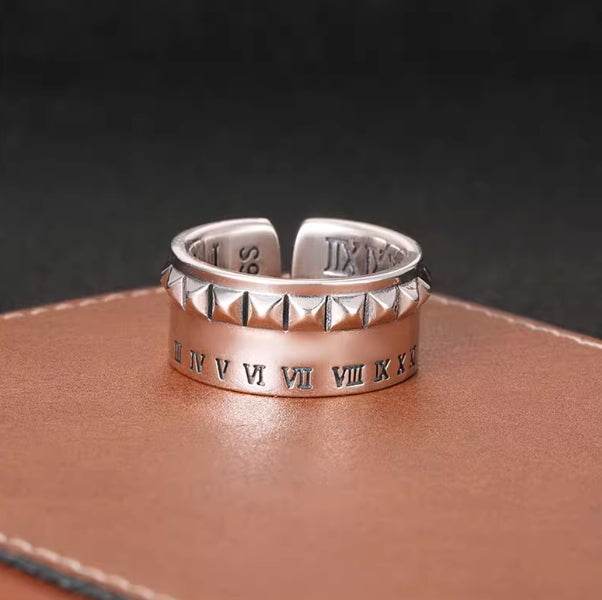 Roman numeral scale ring for men S925 sterling silver hip-hop punk style personalized rivet opening ring - MOWTE