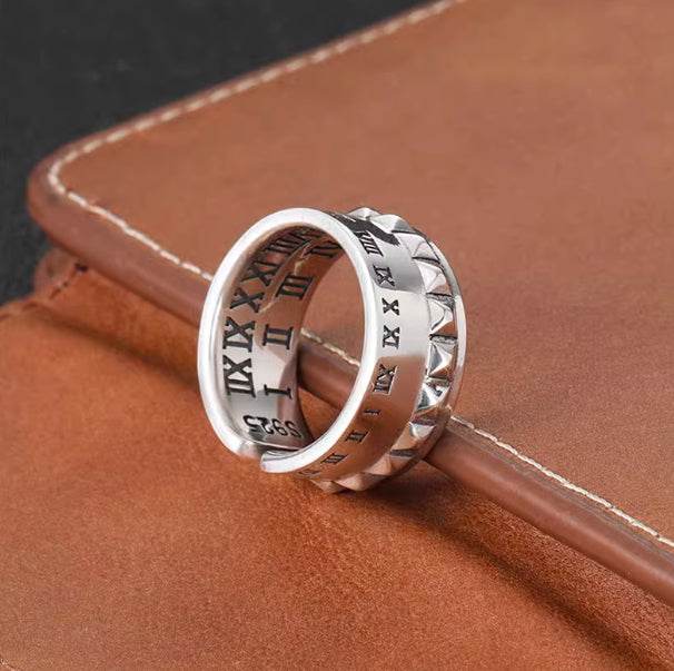 Roman numeral scale ring for men S925 sterling silver hip-hop punk style personalized rivet opening ring - MOWTE