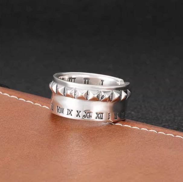 Roman numeral scale ring for men S925 sterling silver hip-hop punk style personalized rivet opening ring - MOWTE
