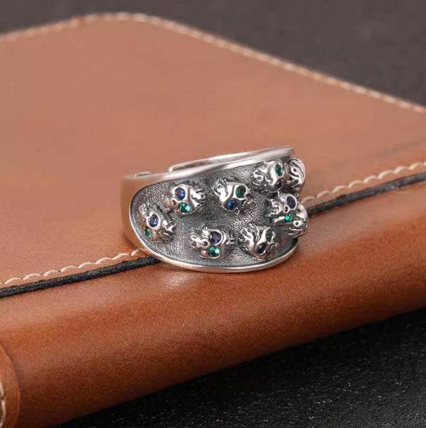 Dark style blue green eyes skull ring for men S925 sterling silver hip hop personalized open ring - MOWTE