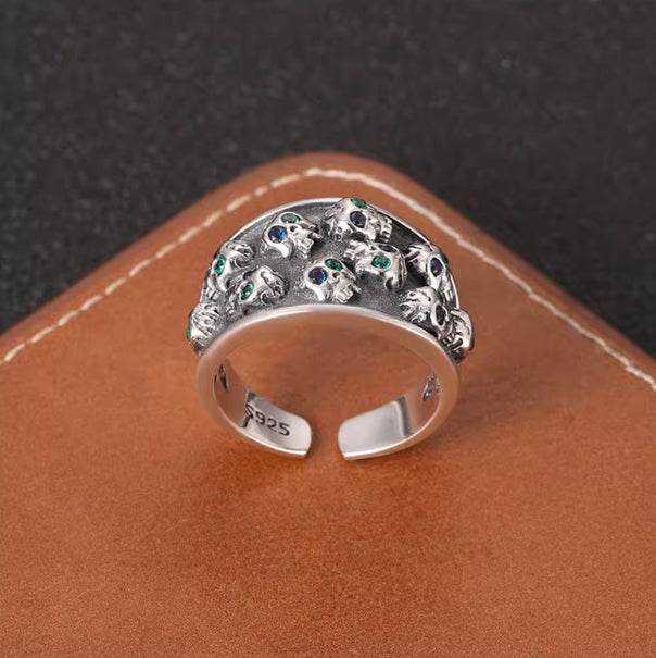 Dark style blue green eyes skull ring for men S925 sterling silver hip hop personalized open ring - MOWTE