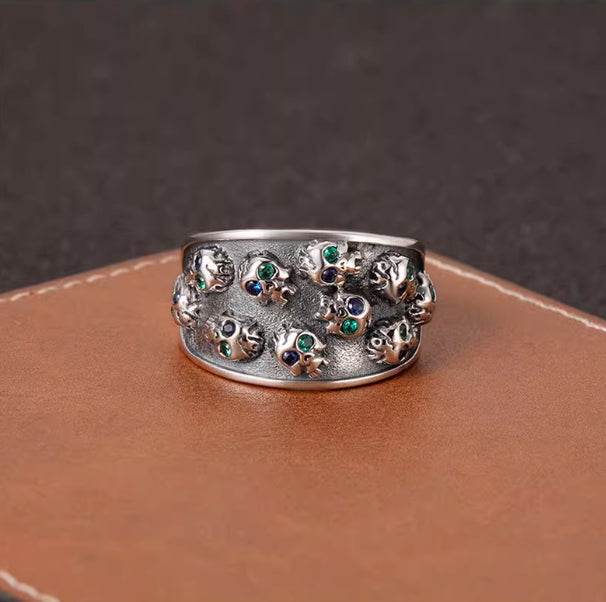 Dark style blue green eyes skull ring for men S925 sterling silver hip hop personalized open ring - MOWTE