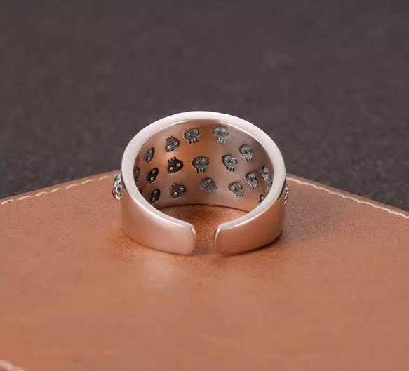 Dark style blue green eyes skull ring for men S925 sterling silver hip hop personalized open ring - MOWTE