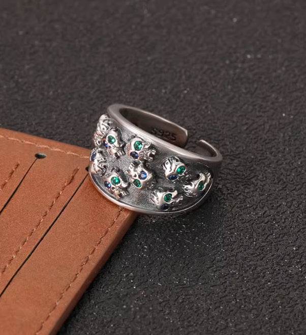 Dark style blue green eyes skull ring for men S925 sterling silver hip hop personalized open ring - MOWTE