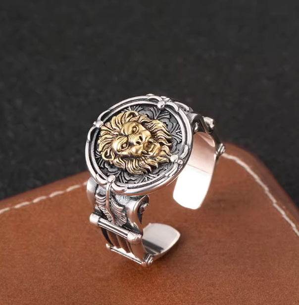 Domineering finely carved ring men's trendy and cool personality open ring S925 sterling silver Lion King index finger ring - MOWTE
