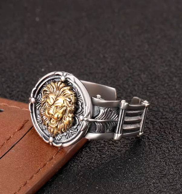 Domineering finely carved ring men's trendy and cool personality open ring S925 sterling silver Lion King index finger ring - MOWTE