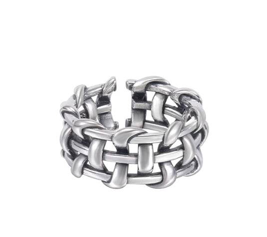 Hand-woven 925 sterling silver ring for men hip hop retro hollow design open adjustable index finger ring for women - MOWTE