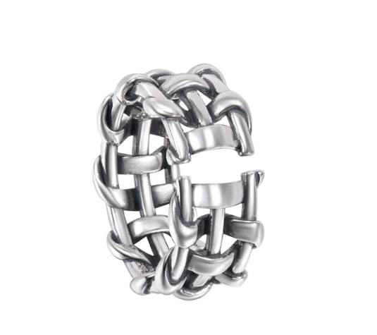 Hand-woven 925 sterling silver ring for men hip hop retro hollow design open adjustable index finger ring for women - MOWTE