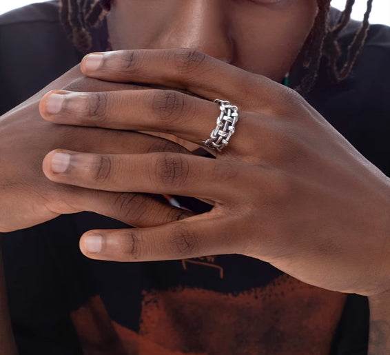 Hand-woven 925 sterling silver ring for men hip hop retro hollow design open adjustable index finger ring for women - MOWTE