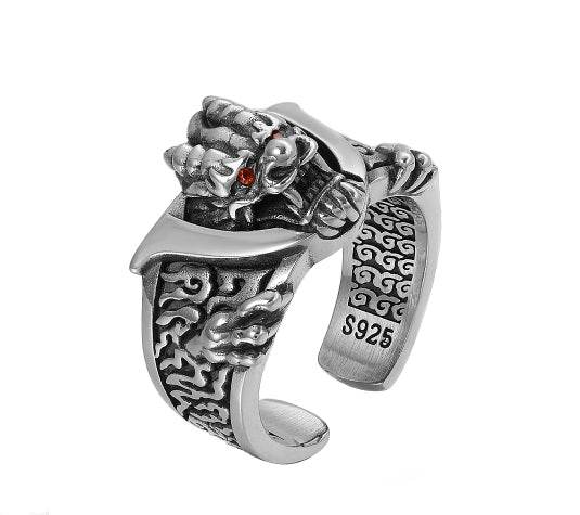 S925 sterling silver domineering faucet ring men's retro flame pattern index finger ring opening adjustable - MOWTE