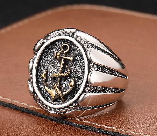Heavy industry S925 sterling silver anchor ring men's personality domineering index finger ring Thai silver open ring large size - MOWTE