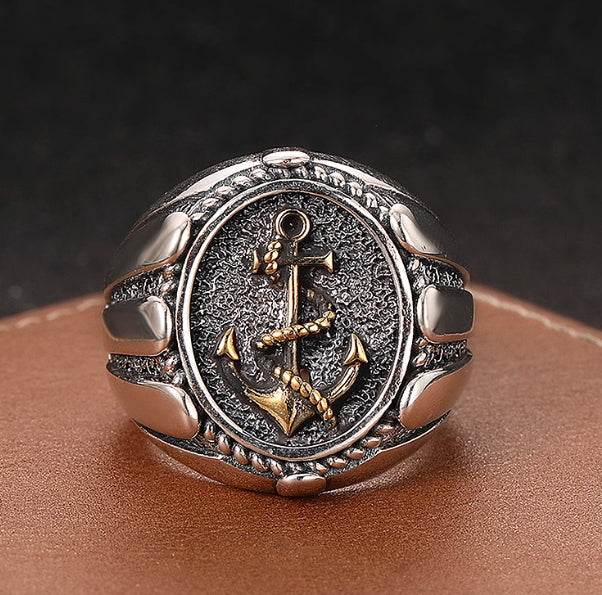 Heavy industry S925 sterling silver anchor ring men's personality domineering index finger ring Thai silver open ring large size - MOWTE