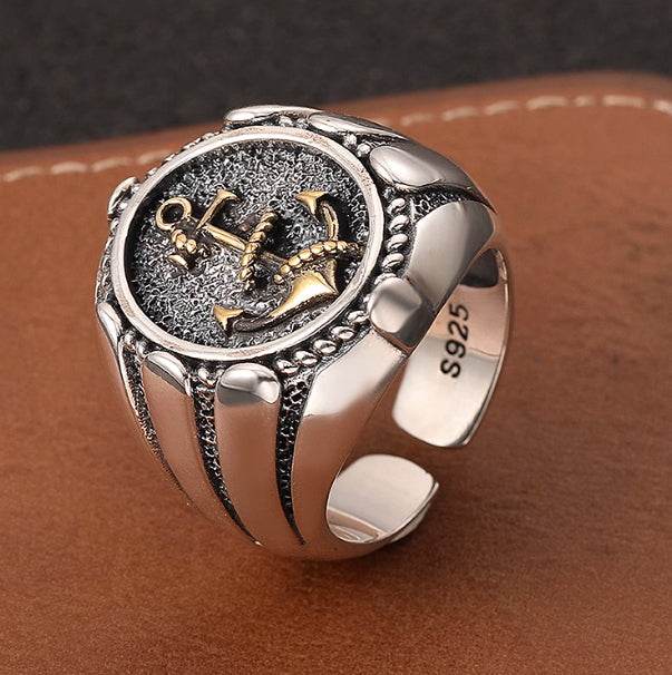 Heavy industry S925 sterling silver anchor ring men's personality domineering index finger ring Thai silver open ring large size - MOWTE