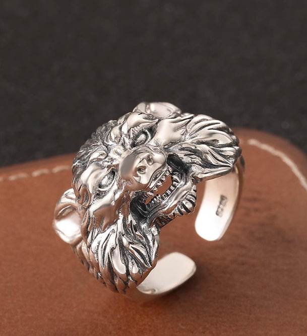 Punk domineering personality wolf head ring men's trendy index finger ring S925 silver Seiko beast opening ring - MOWTE
