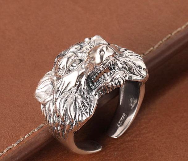 Punk domineering personality wolf head ring men's trendy index finger ring S925 silver Seiko beast opening ring - MOWTE